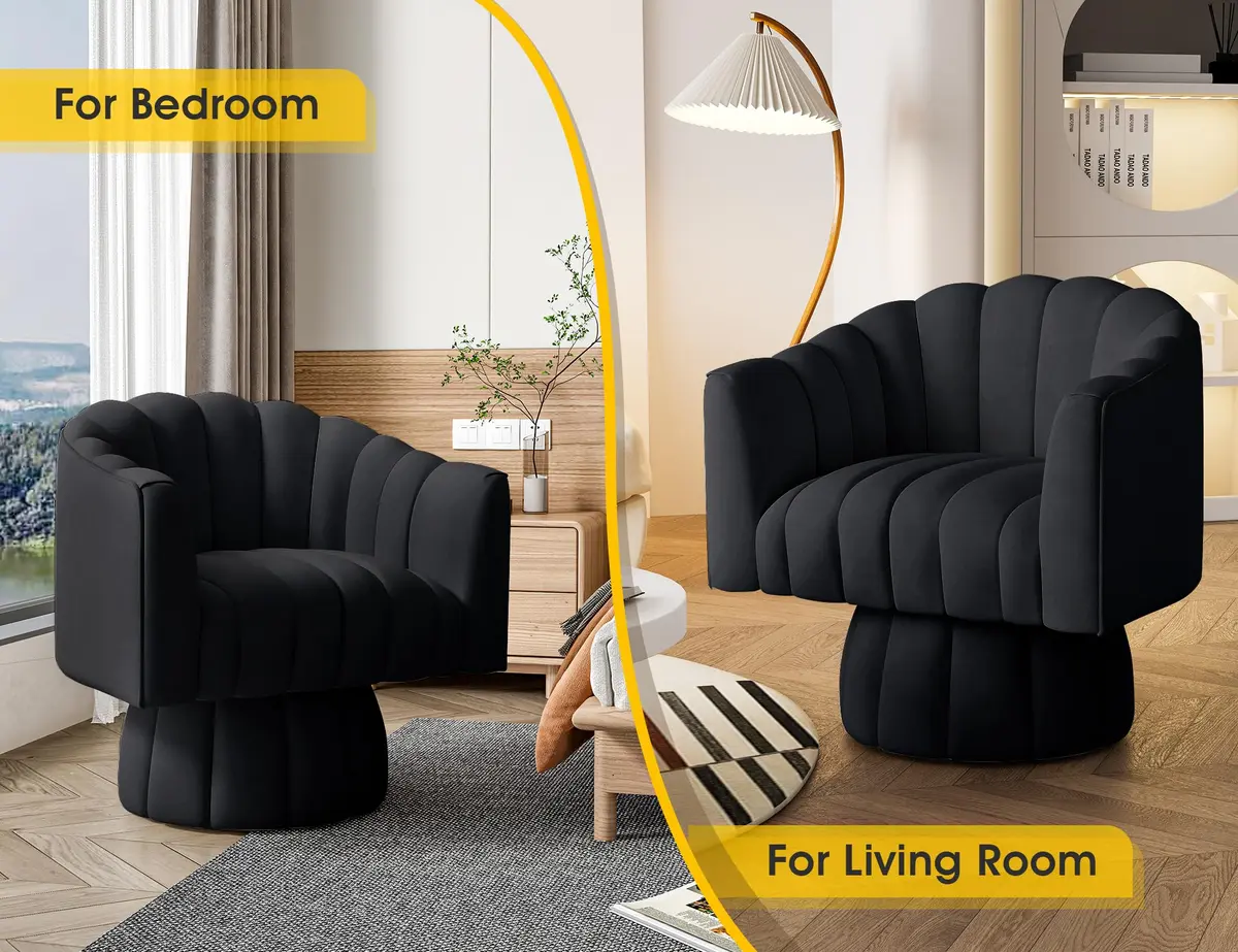 Dewhut Swivel Barrel Accent Chair, Velvet Black | Modern 360° Rotating Lounge Seat - view 3