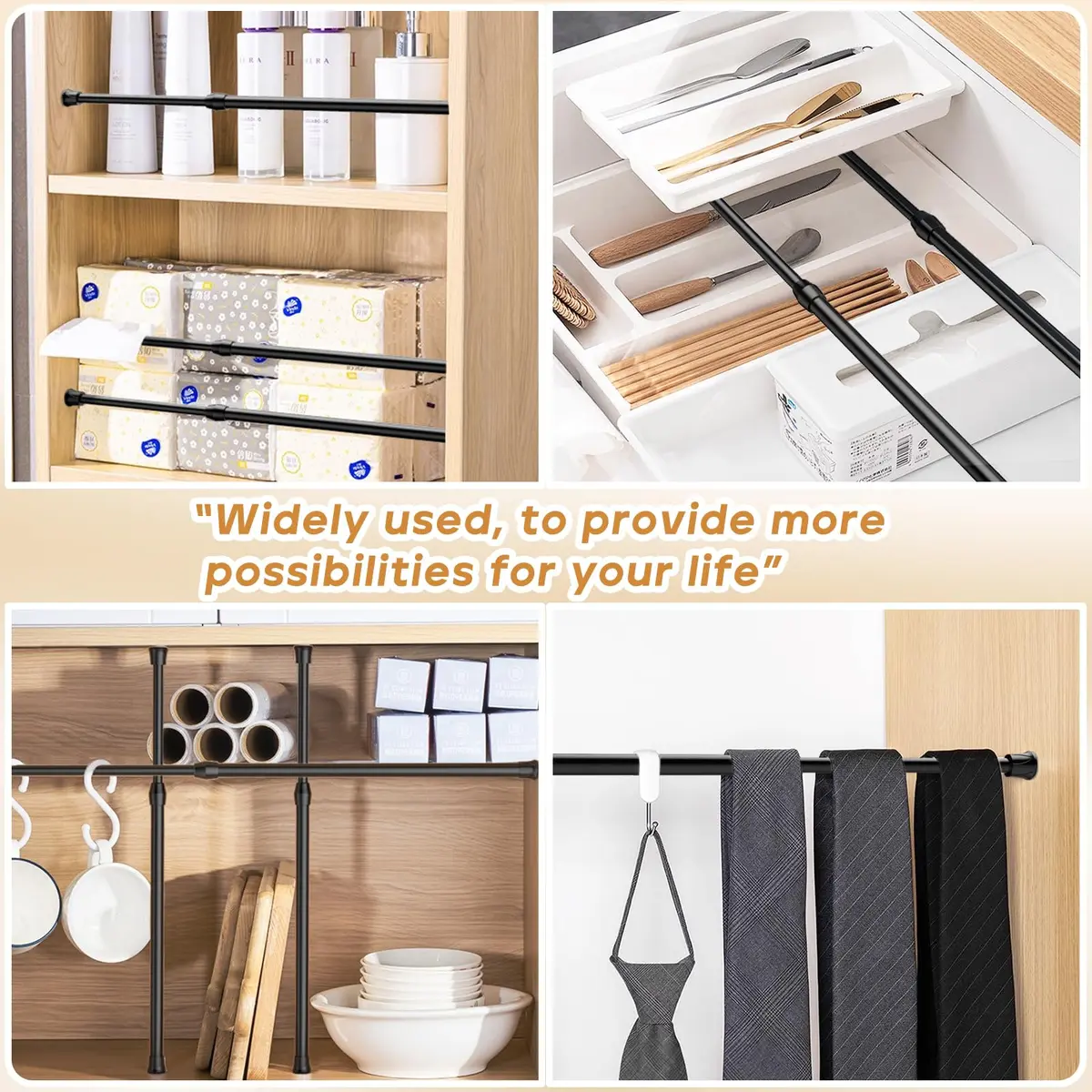 ZipGlo Black Spring Tension Curtain Rods 20 cm (8") - 2 Pcs | No-Drill Installation for Windows & Closets - view 5