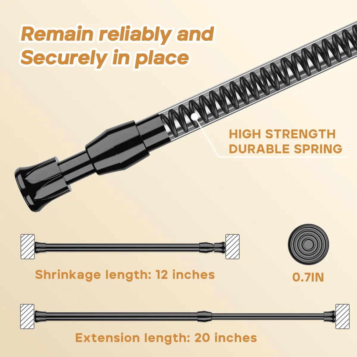 ZipGlo Black Spring Tension Curtain Rods 20 cm (8") - 2 Pcs | No-Drill Installation for Windows & Closets - view 2