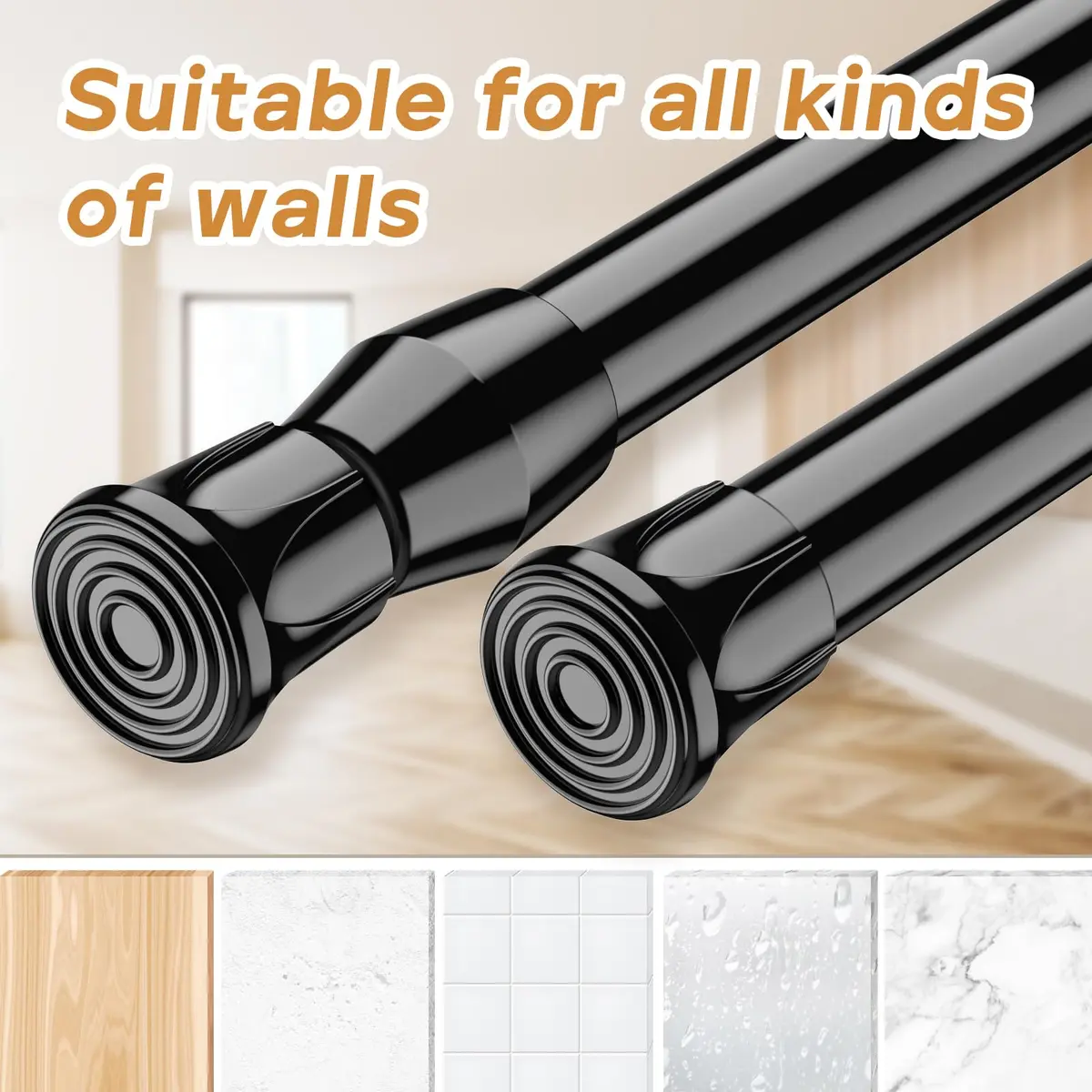 ZipGlo Black Spring Tension Curtain Rods 20 cm (8") - 2 Pcs | No-Drill Installation for Windows & Closets - view 3