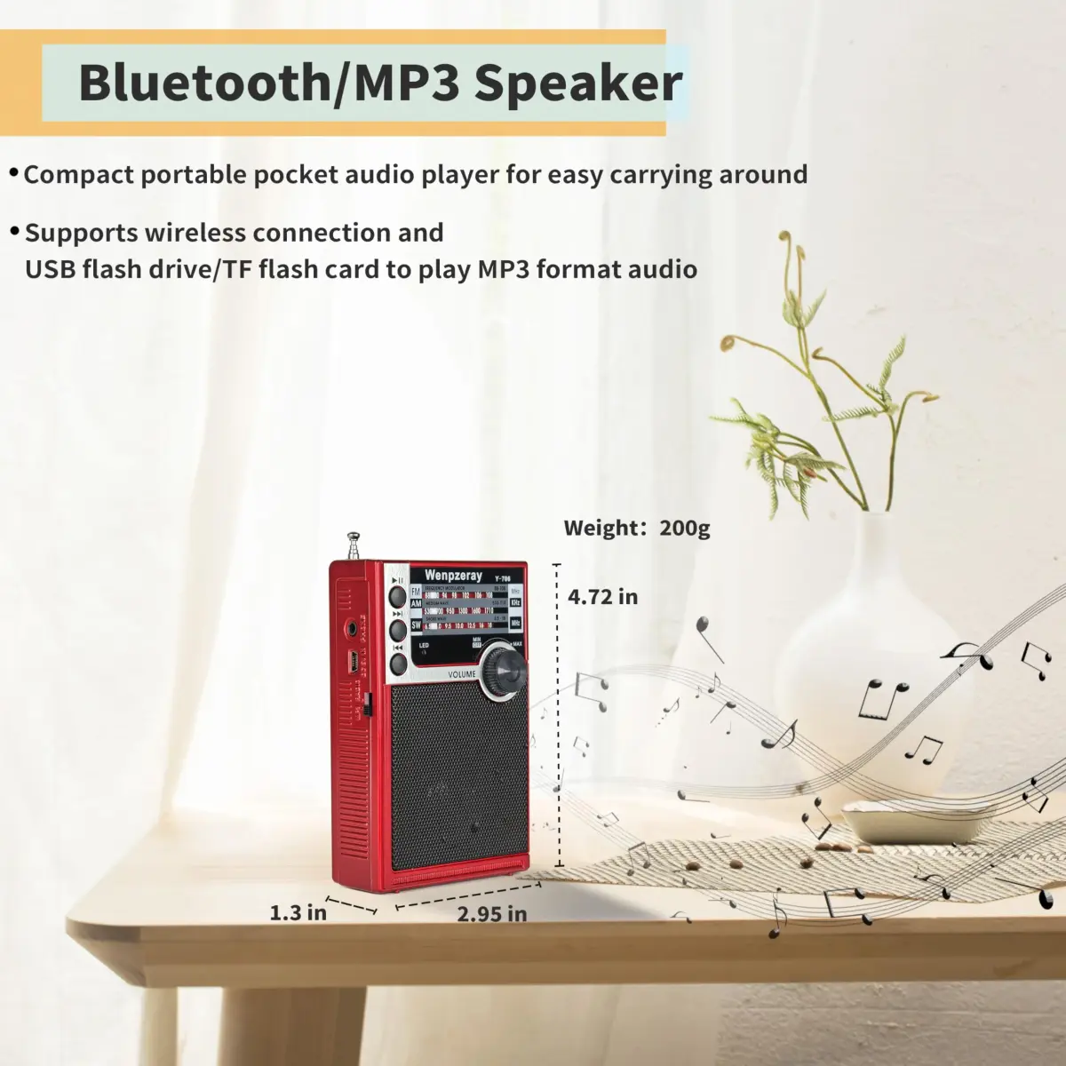 WENPZERAY Y706 Vintage AM FM SW Pocket Radio Red | Portable BT Speaker Receiver with DSP Sound - view 3