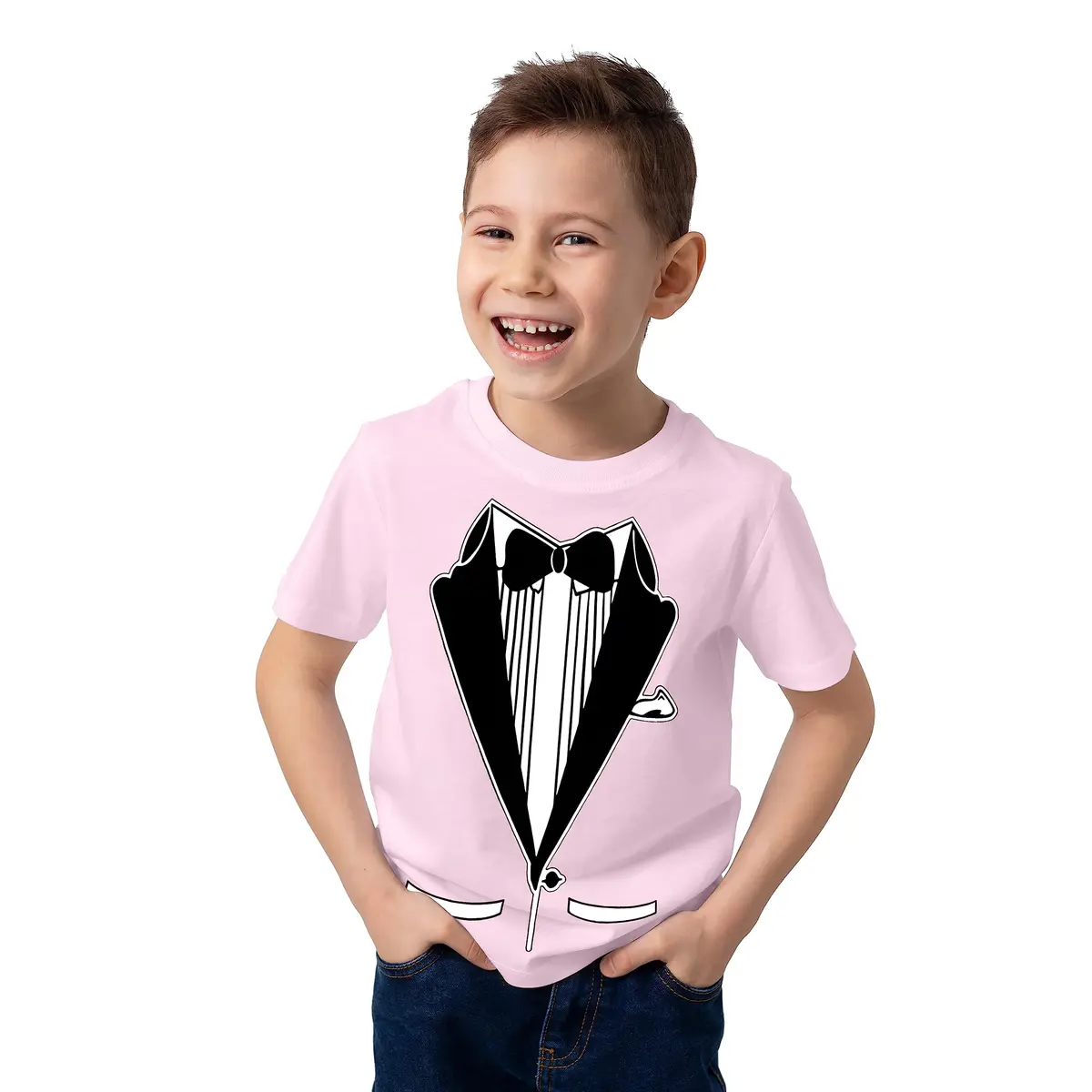 fresh tees Unisex Tuxedo tee with Bow Tie | Funny Kid's Wedding & Function Shirt (X-Small, Light Pink) - main product image