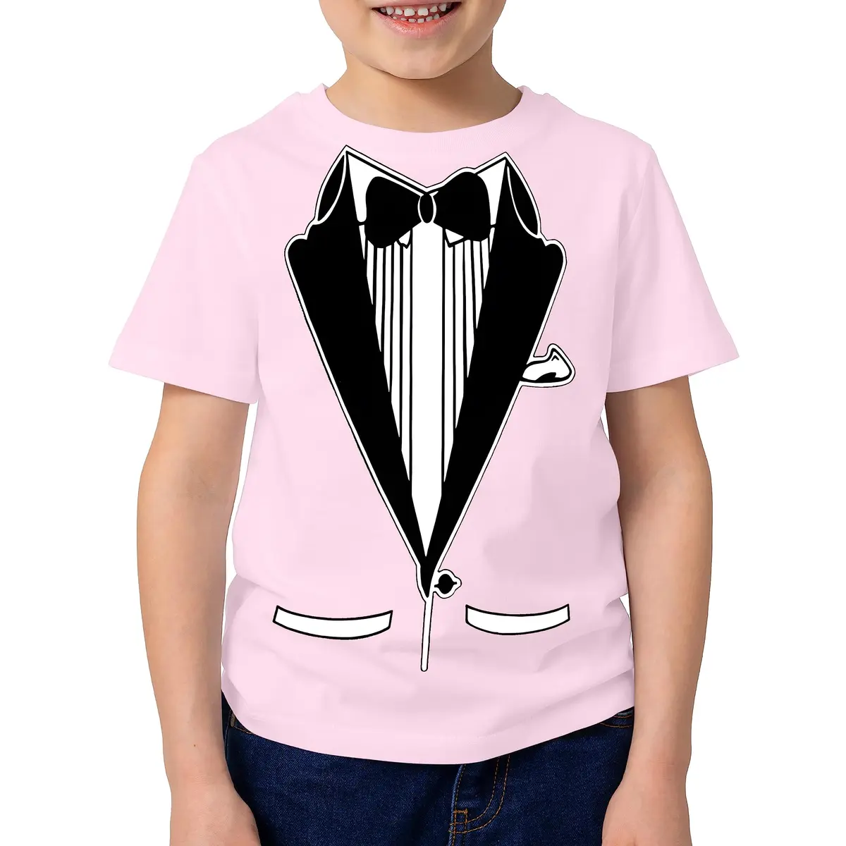 fresh tees Unisex Tuxedo tee with Bow Tie | Funny Kid's Wedding & Function Shirt (X-Small, Light Pink) - view 2