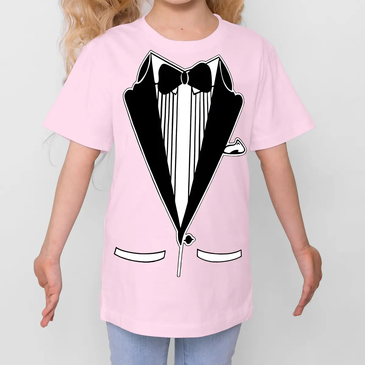 fresh tees Unisex Tuxedo tee with Bow Tie | Funny Kid's Wedding & Function Shirt (X-Small, Light Pink) - view 3