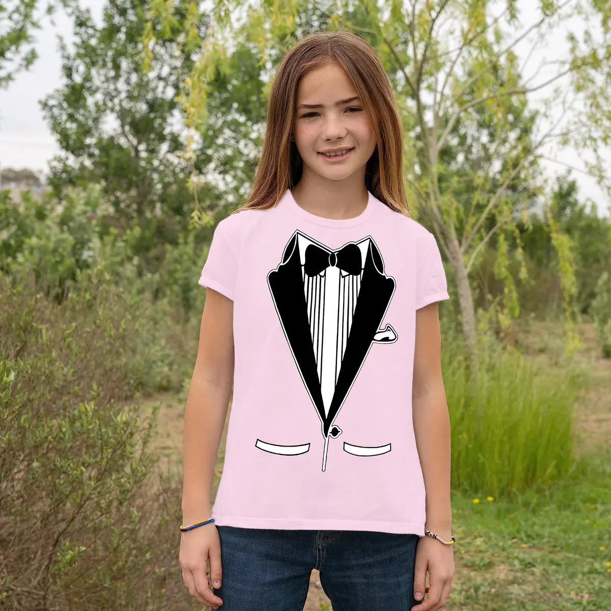 fresh tees Unisex Tuxedo tee with Bow Tie | Funny Kid's Wedding & Function Shirt (X-Small, Light Pink) - view 4