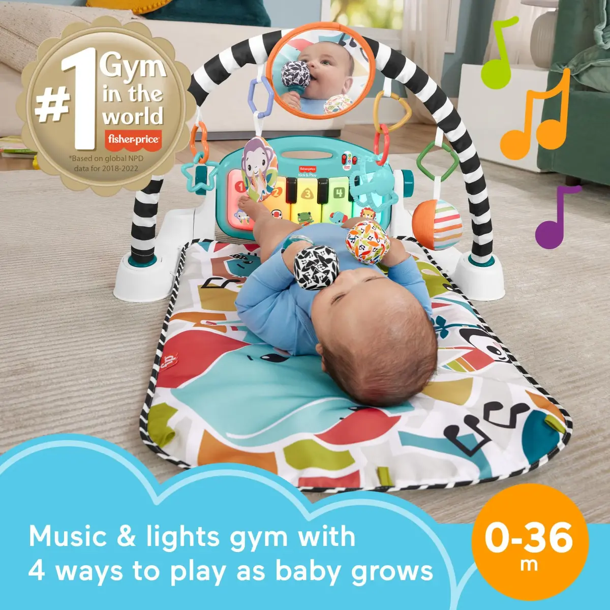 Fisher-Price Glow and Grow Kick & Play Piano Gym with Maracas | 91cm (36in) x 71cm (28in) Playmat | Ages 0+ Months - view 2