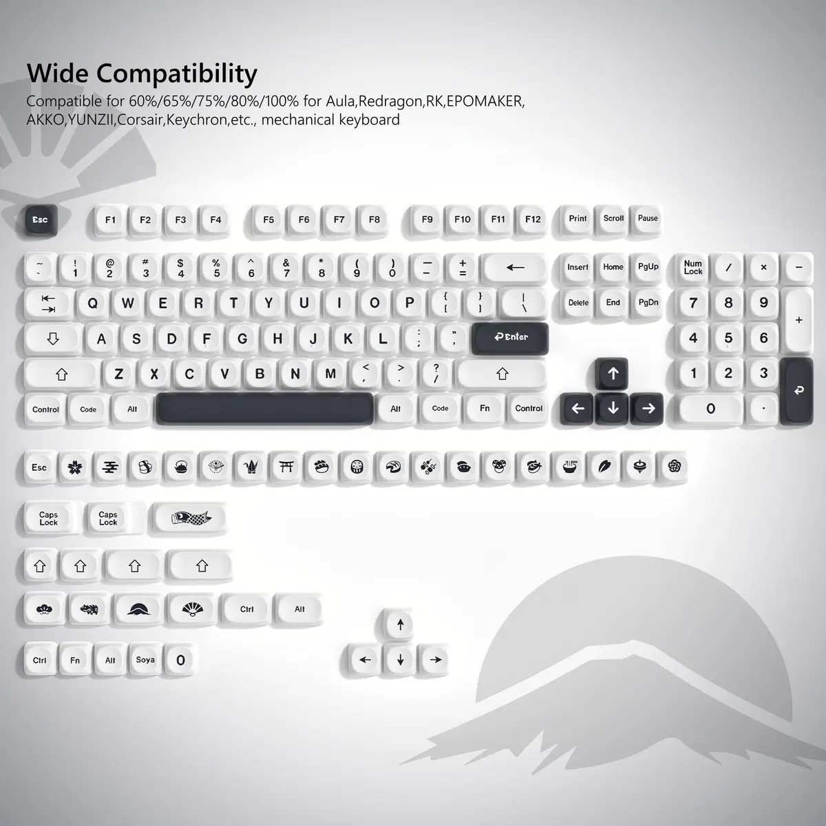 Womier Japanese MOA Keycaps Set for Mechanical Keyboard, White Black (108 Keys) - view 6