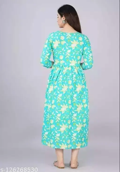 MAGHMA Maternity Nursing Dress Anarkali Gown Style Western Dress with Floral Print, 3/4 Sleeve, Sky Blue - Large | Breathable Cotton for Indian Climate - view 2