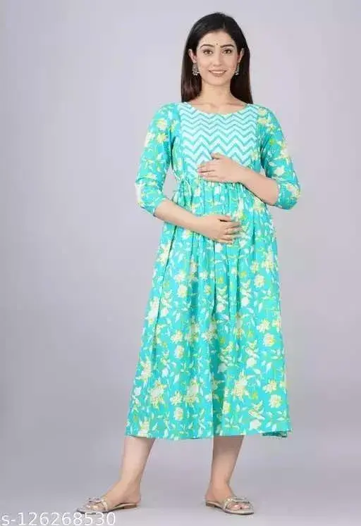 MAGHMA Maternity Nursing Dress Anarkali Gown Style Western Dress with Floral Print, 3/4 Sleeve, Sky Blue - Large | Breathable Cotton for Indian Climate - view 3