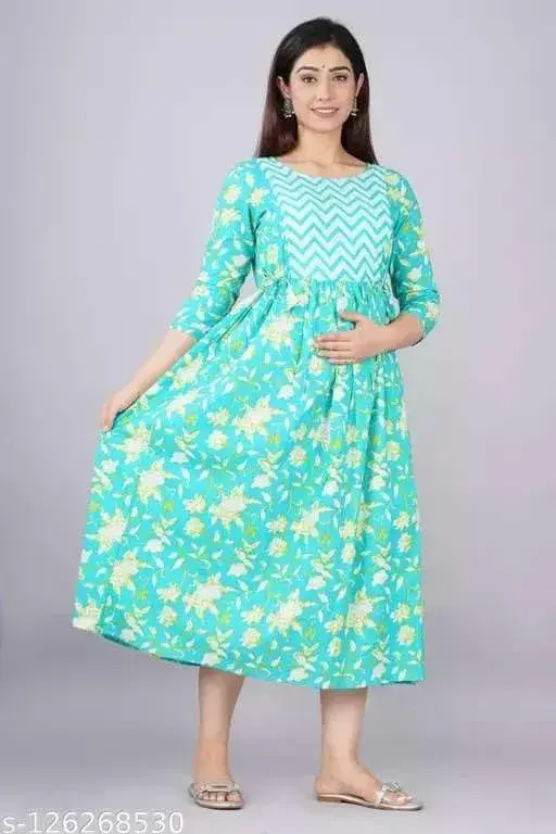 MAGHMA Maternity Nursing Dress Anarkali Gown Style Western Dress with Floral Print, 3/4 Sleeve, Sky Blue - Large | Breathable Cotton for Indian Climate - view 4