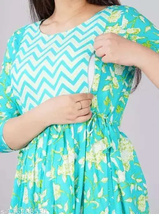 MAGHMA Maternity Nursing Dress Anarkali Gown Style Western Dress with Floral Print, 3/4 Sleeve, Sky Blue - Large | Breathable Cotton for Indian Climate - view 5