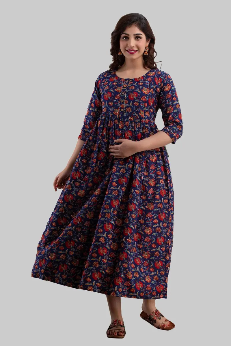 MAGHMA Maternity Nursing Dress Royal Blue 3XL | Floral Maxi Dress for Pregnancy & Breastfeeding - view 3
