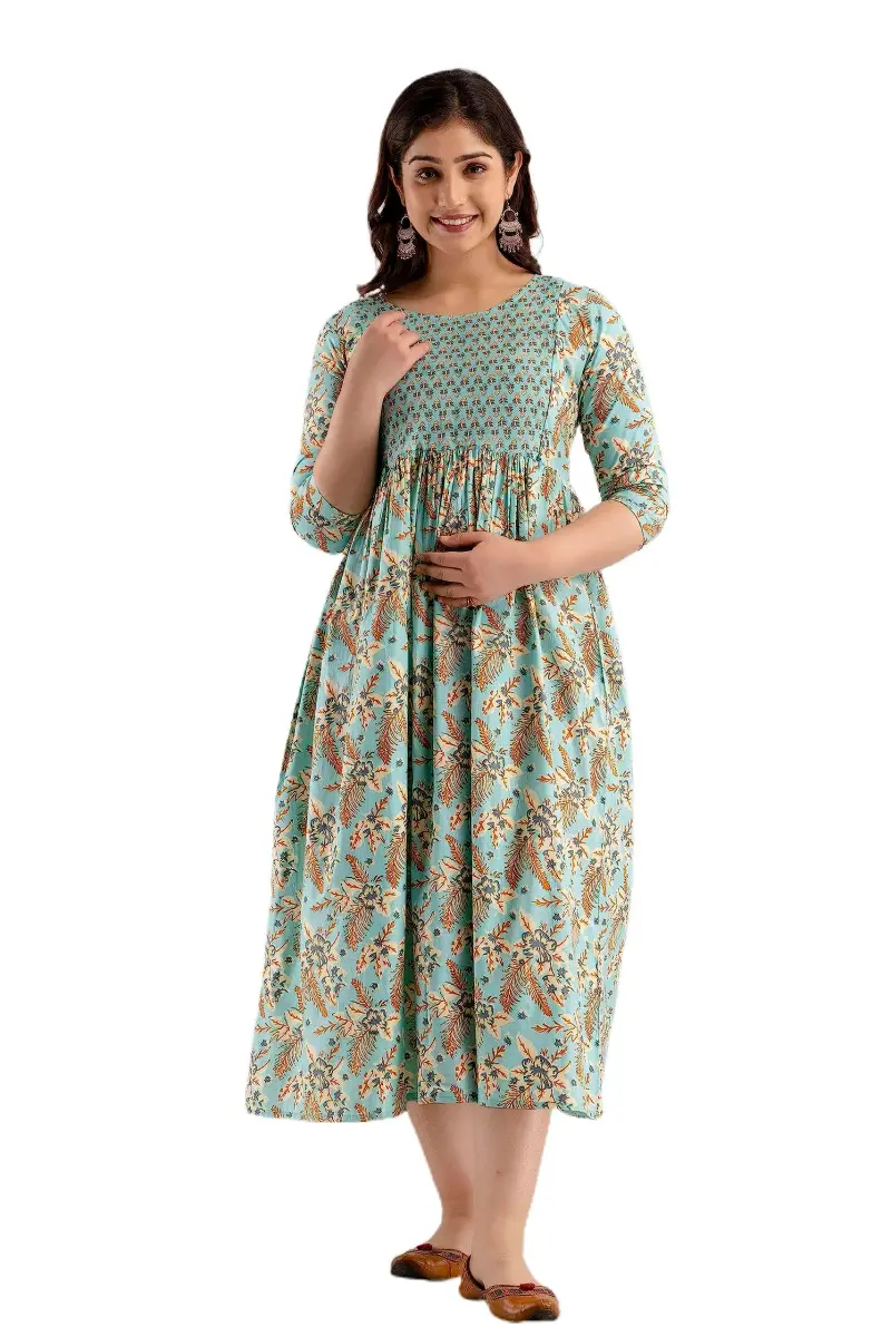 MAGHMA Maternity Nursing Dress Kurti for Pregnancy Women with Floral Maxi Style, Baby Blue XL | Breathable Cotton for Indian Climate - main product image