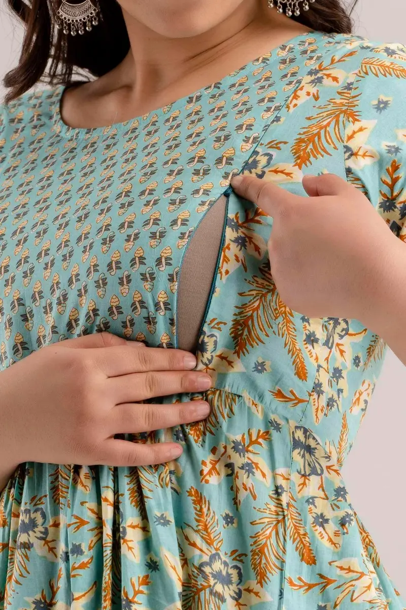 MAGHMA Maternity Nursing Dress Kurti for Pregnancy Women with Floral Maxi Style, Baby Blue XL | Breathable Cotton for Indian Climate - view 5