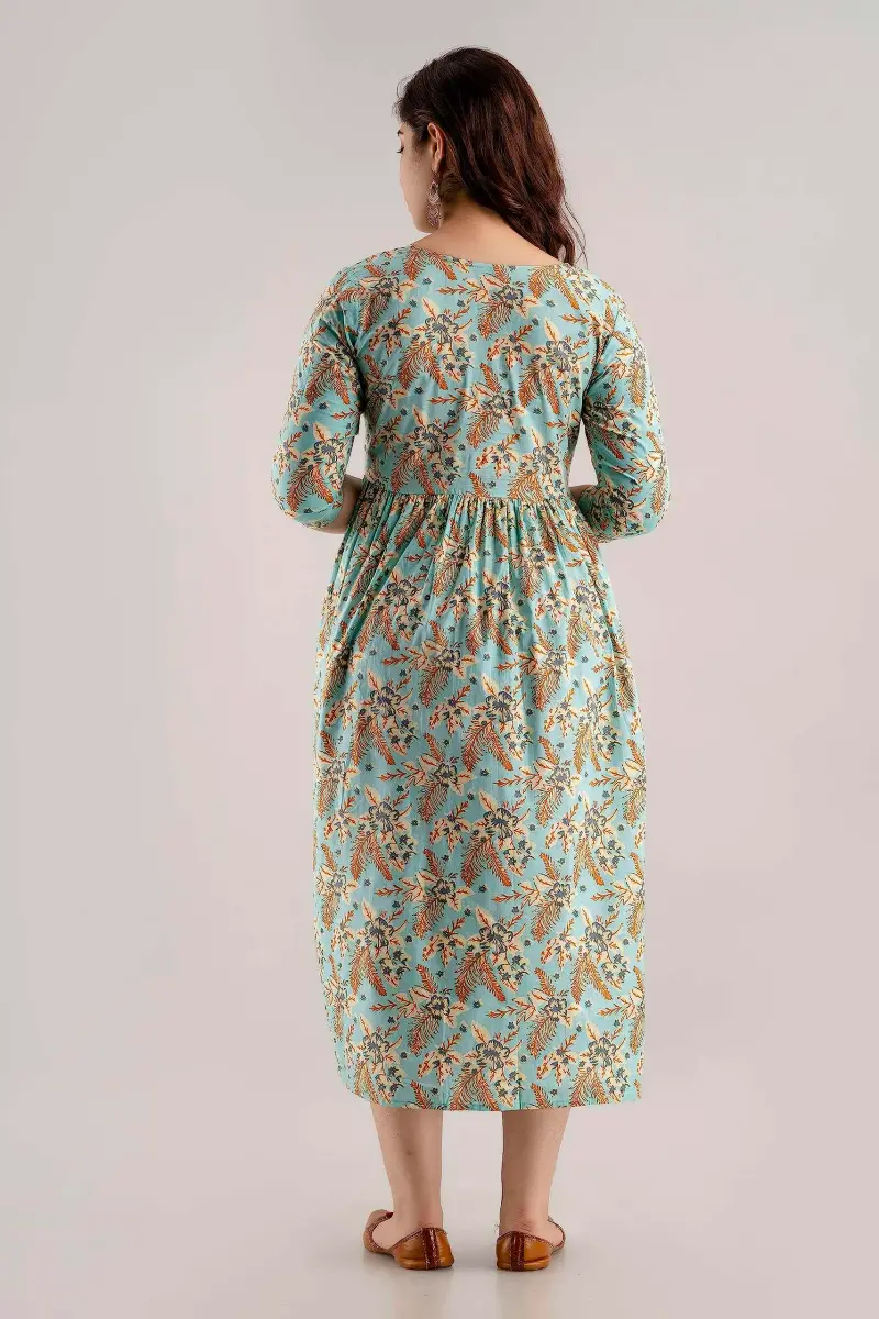 MAGHMA Maternity Nursing Dress Kurti for Pregnancy Women with Floral Maxi Style, Baby Blue XL | Breathable Cotton for Indian Climate - view 2