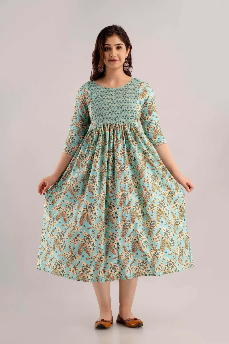 MAGHMA Maternity Nursing Dress Kurti for Pregnancy Women with Floral Maxi Style, Baby Blue XL | Breathable Cotton for Indian Climate - view 3