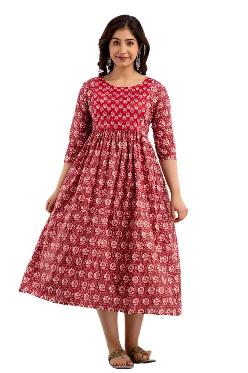 MAGHMA Women's Maternity Kurti Dress with Floral Maxi Design & Concealed Zippers for Breastfeeding (Maroon, 3XL) | Breathable Cotton for Indian Climate - main product image