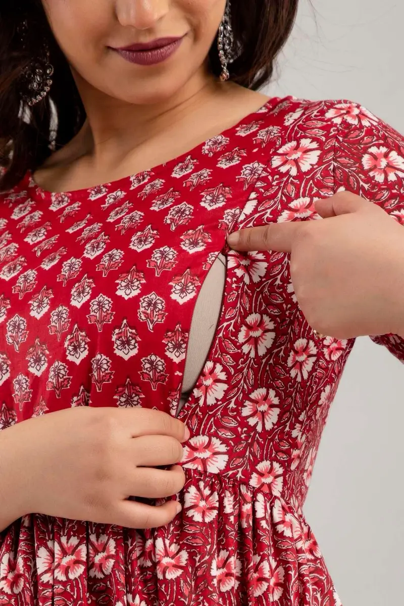 MAGHMA Women's Maternity Kurti Dress with Floral Maxi Design & Concealed Zippers for Breastfeeding (Maroon, 3XL) | Breathable Cotton for Indian Climate - view 5