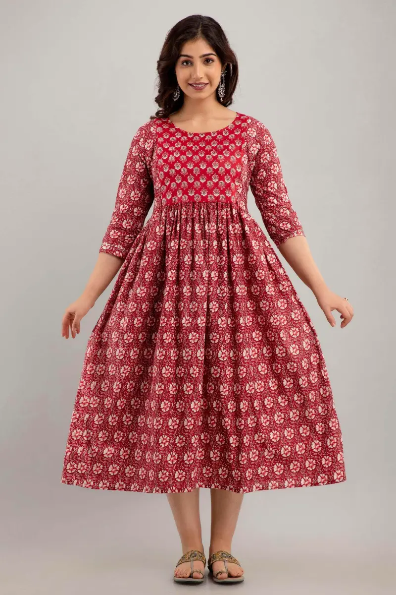 MAGHMA Women's Maternity Kurti Dress with Floral Maxi Design & Concealed Zippers for Breastfeeding (Maroon, 3XL) | Breathable Cotton for Indian Climate - view 6