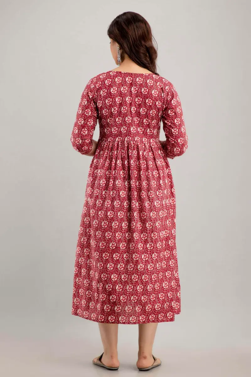 MAGHMA Women's Maternity Kurti Dress with Floral Maxi Design & Concealed Zippers for Breastfeeding (Maroon, 3XL) | Breathable Cotton for Indian Climate - view 2