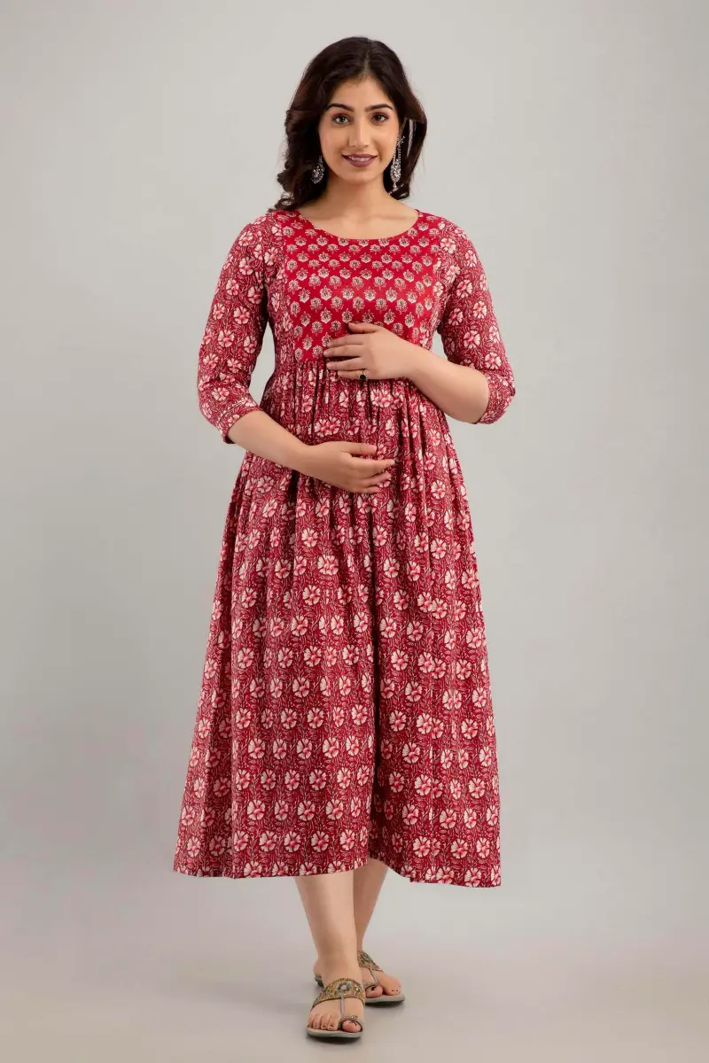 MAGHMA Women's Maternity Kurti Dress with Floral Maxi Design & Concealed Zippers for Breastfeeding (Maroon, 3XL) | Breathable Cotton for Indian Climate - view 3