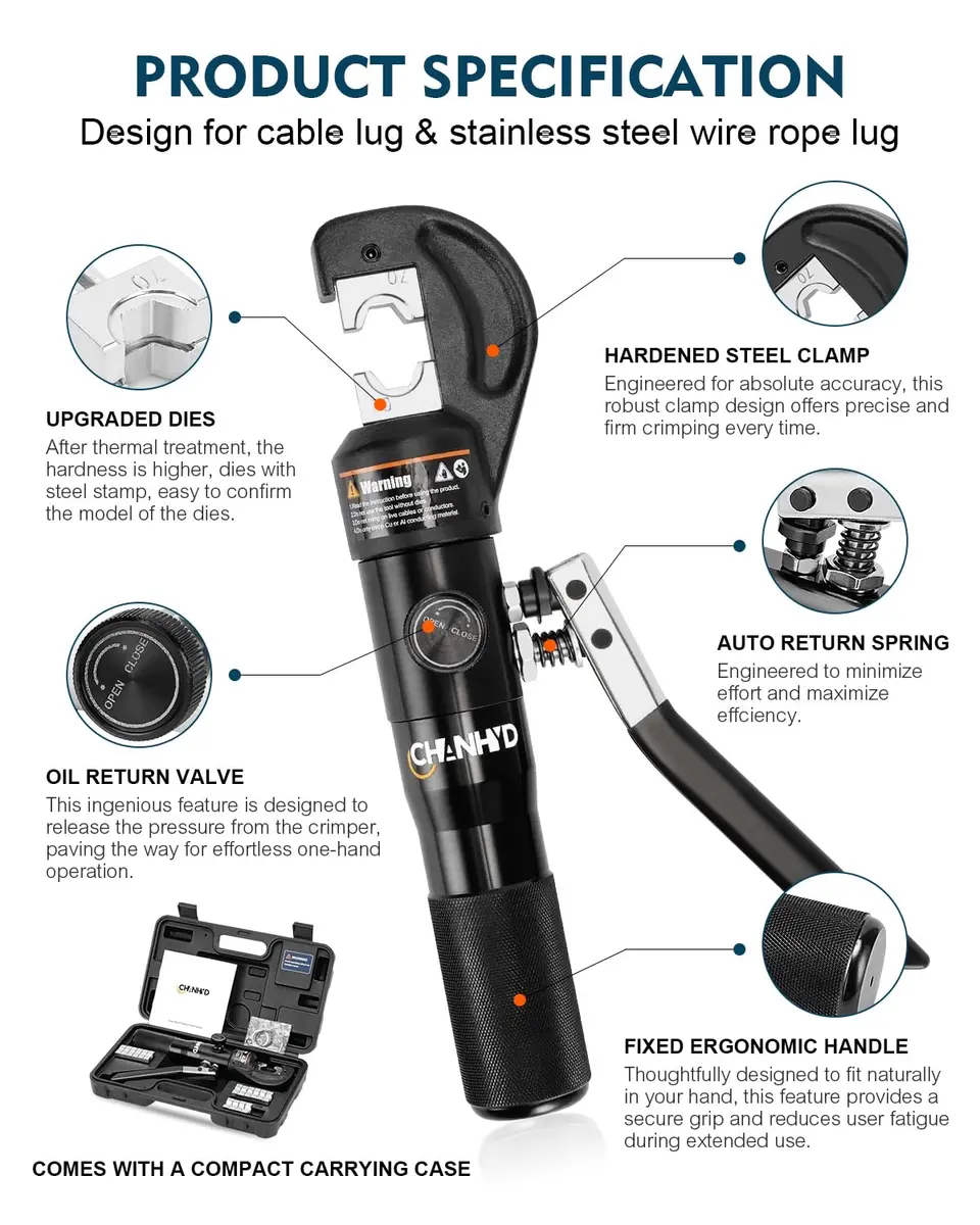CHANHYD Hydraulic Wire Battery Cable Lug Terminal Crimper with 9 Dies | 12 AWG-2/0 AWG Electrical Cable Crimping Tool Kit - view 6