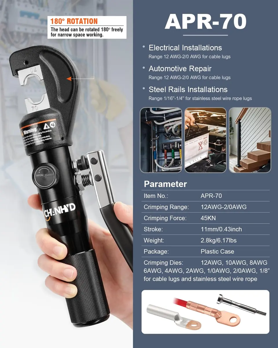 CHANHYD Hydraulic Wire Battery Cable Lug Terminal Crimper with 9 Dies | 12 AWG-2/0 AWG Electrical Cable Crimping Tool Kit - view 4