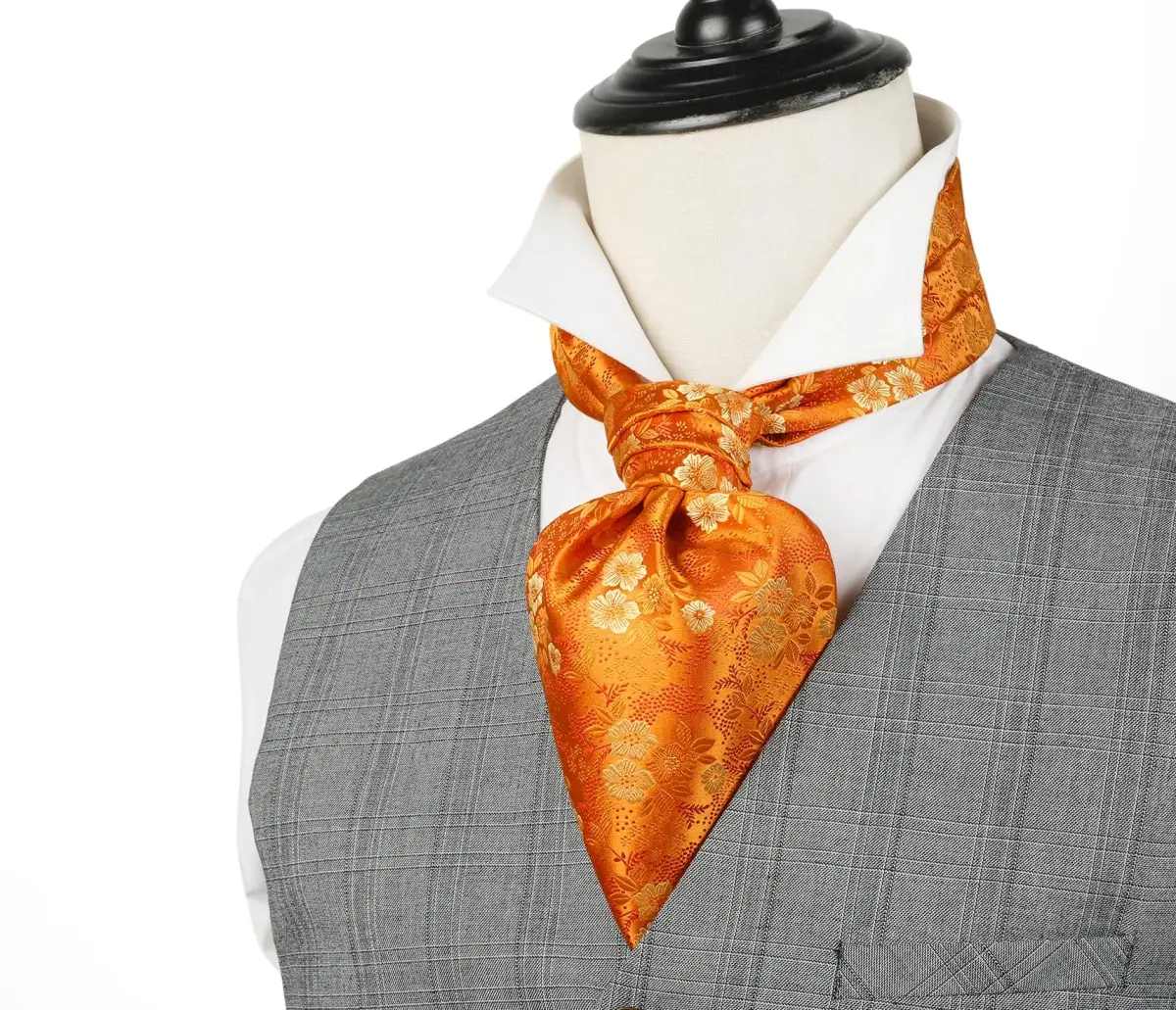 HISDERN Orange Ascot Tie & Pocket Square Set | 126 cm (49.6 in) Length - view 2