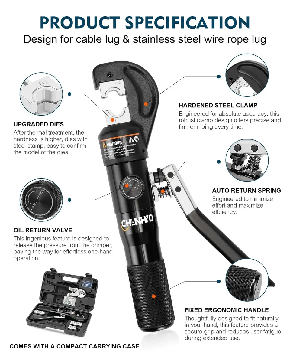 CHANHYD Hydraulic Crimping Tool and Cable Cutter, 10 Tons, 12 AWG to 00 (2/0) | 9 Dies Included - view 6