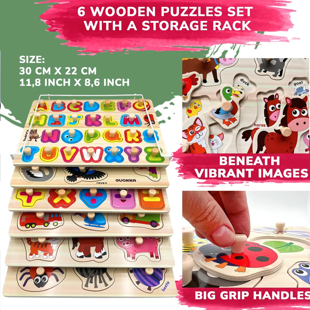 Quokka Wooden Puzzles for Toddlers 1-3 | Bright, Durable & Educational (6 Pack, Ages 2-4) - view 2