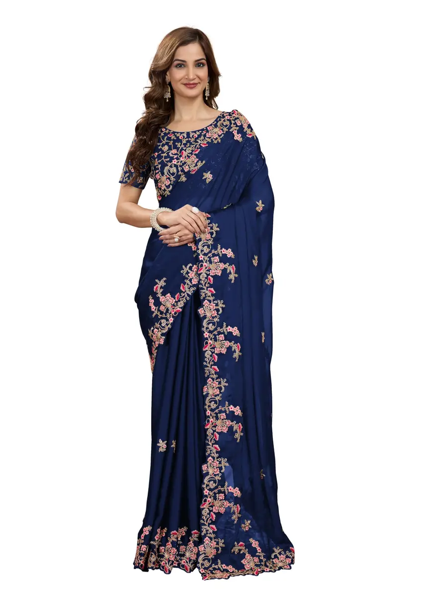 TRENDMALLS Rangoli Silk Saree with Dupion Silk Blouse Piece Blue 5.50 Meter (18.04 Ft) | Heavy Embroidery Cut Work - main product image