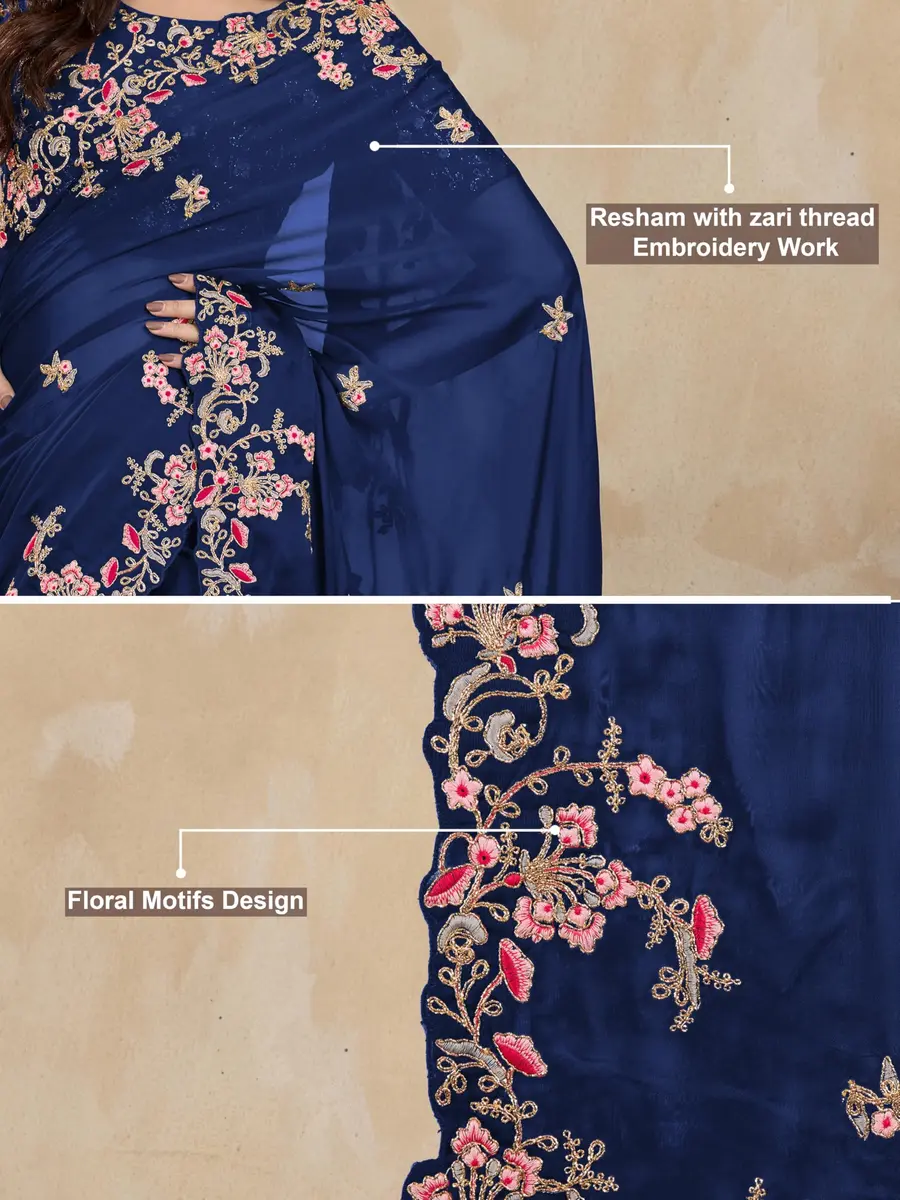 TRENDMALLS Rangoli Silk Saree with Dupion Silk Blouse Piece Blue 5.50 Meter (18.04 Ft) | Heavy Embroidery Cut Work - view 5