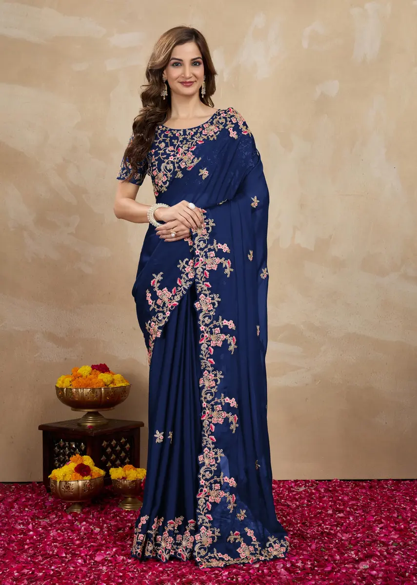 TRENDMALLS Rangoli Silk Saree with Dupion Silk Blouse Piece Blue 5.50 Meter (18.04 Ft) | Heavy Embroidery Cut Work - view 8
