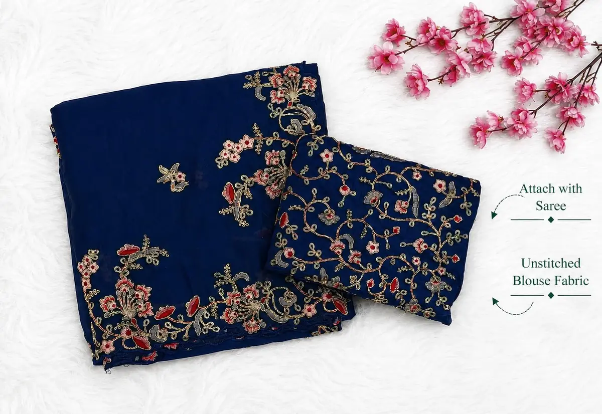 TRENDMALLS Rangoli Silk Saree with Dupion Silk Blouse Piece Blue 5.50 Meter (18.04 Ft) | Heavy Embroidery Cut Work - view 2