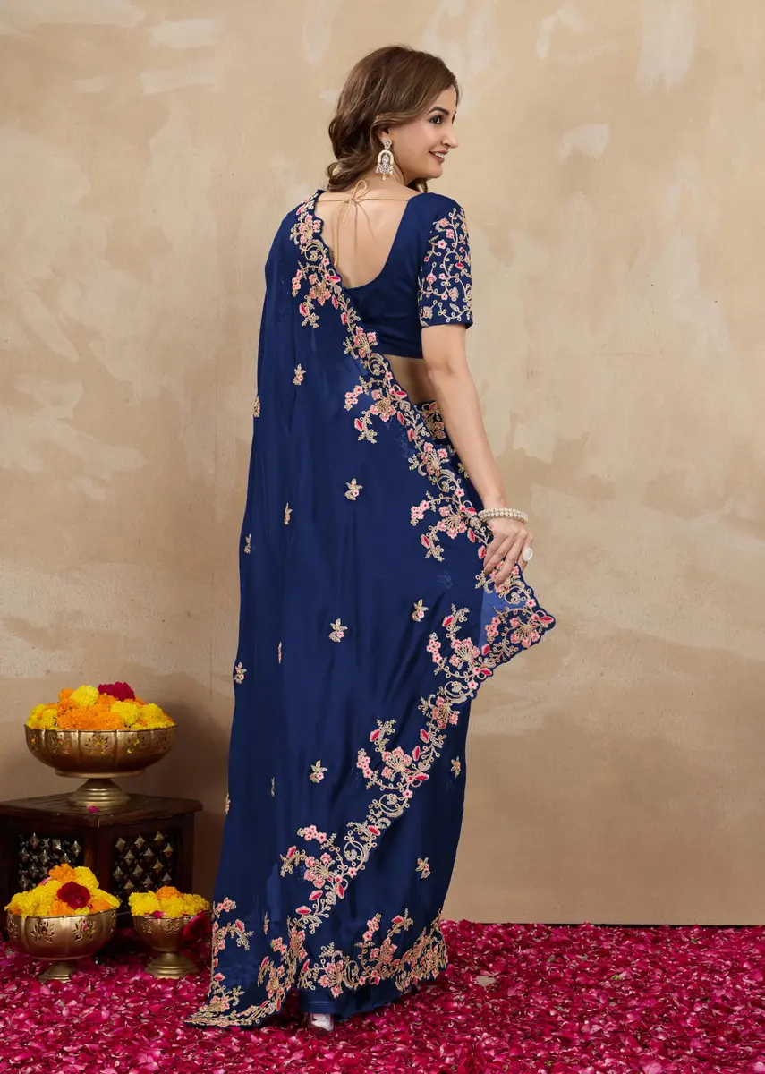 TRENDMALLS Rangoli Silk Saree with Dupion Silk Blouse Piece Blue 5.50 Meter (18.04 Ft) | Heavy Embroidery Cut Work - view 3