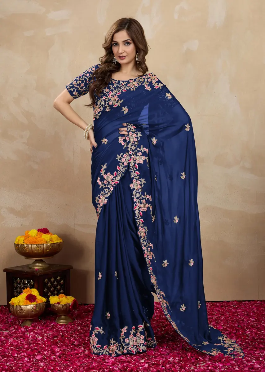 TRENDMALLS Rangoli Silk Saree with Dupion Silk Blouse Piece Blue 5.50 Meter (18.04 Ft) | Heavy Embroidery Cut Work - view 4