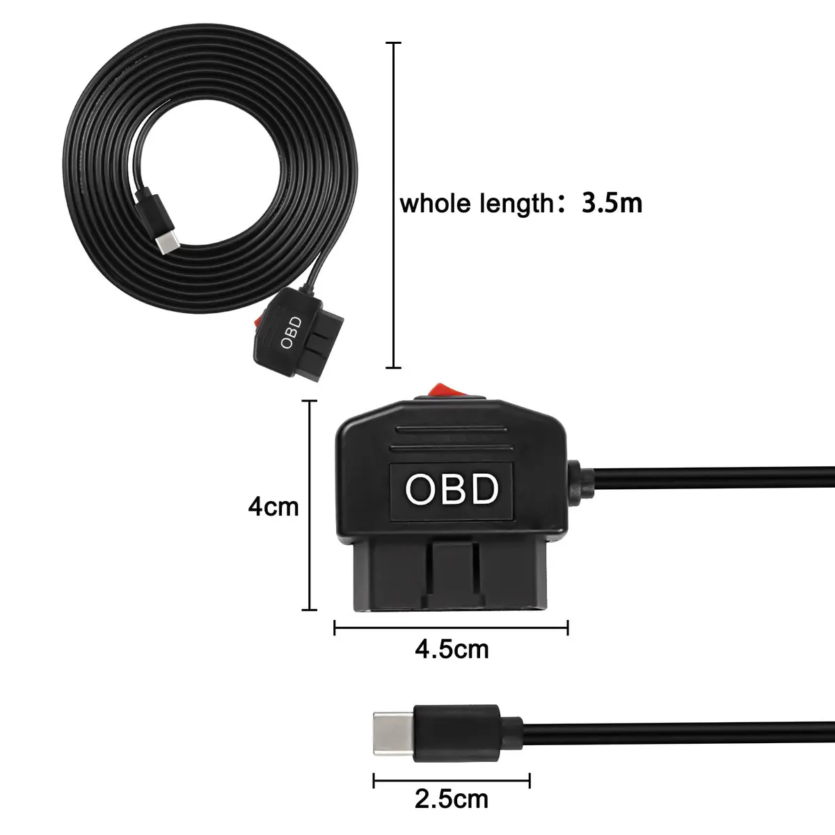 XMSJSIY OBD Power Cable for Dash Camera Type C OBD2 Power Adapter Hardwire | 3.5m, 5V/3A, Low-Voltage Protection - view 2