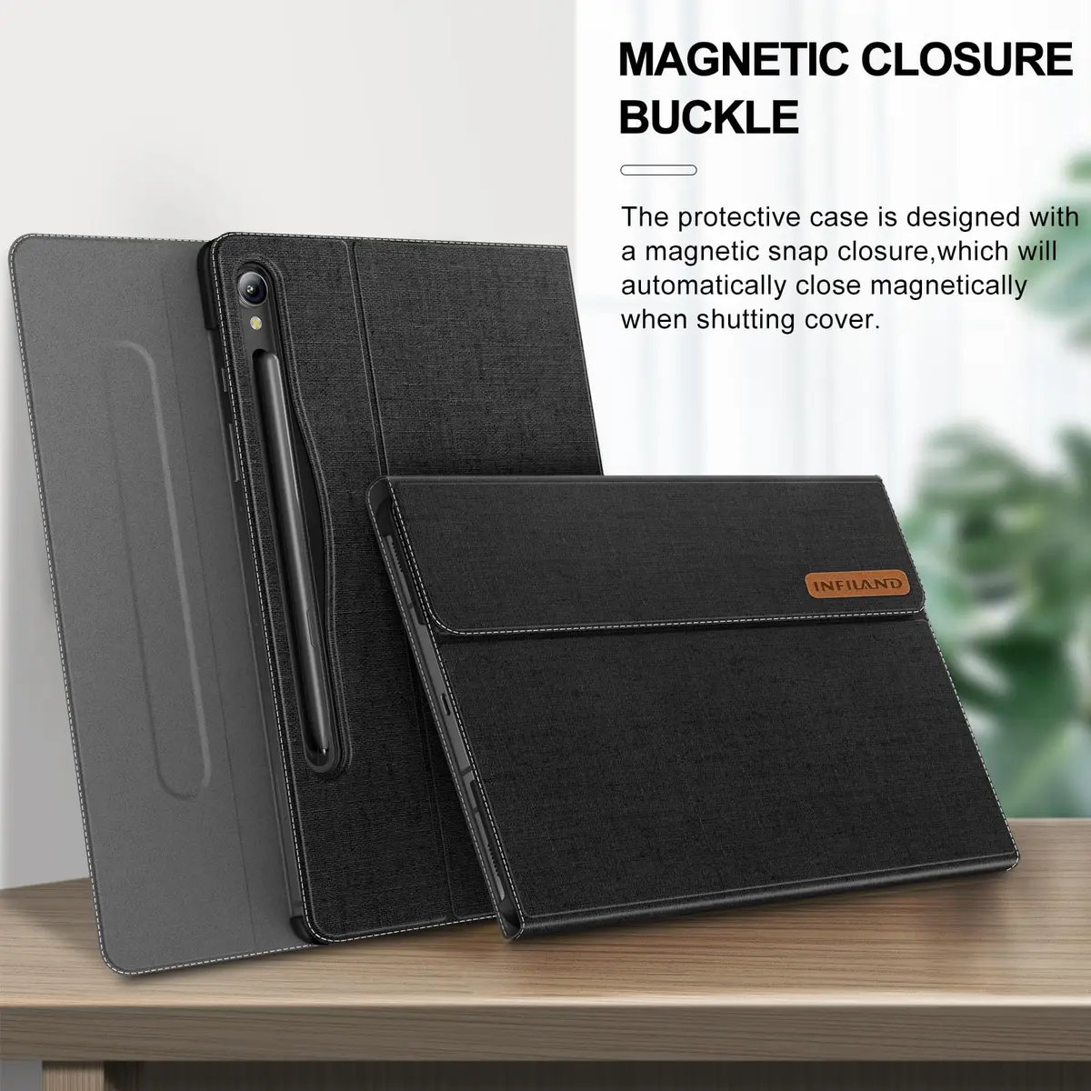 INFILAND Black PU Leather Case for Samsung Galaxy Tab S10 Lite/S10 FE/S9 FE 10.9 Inch & Tab S9 11 Inch with S Pen Holder | Auto Wake/Sleep - view 3