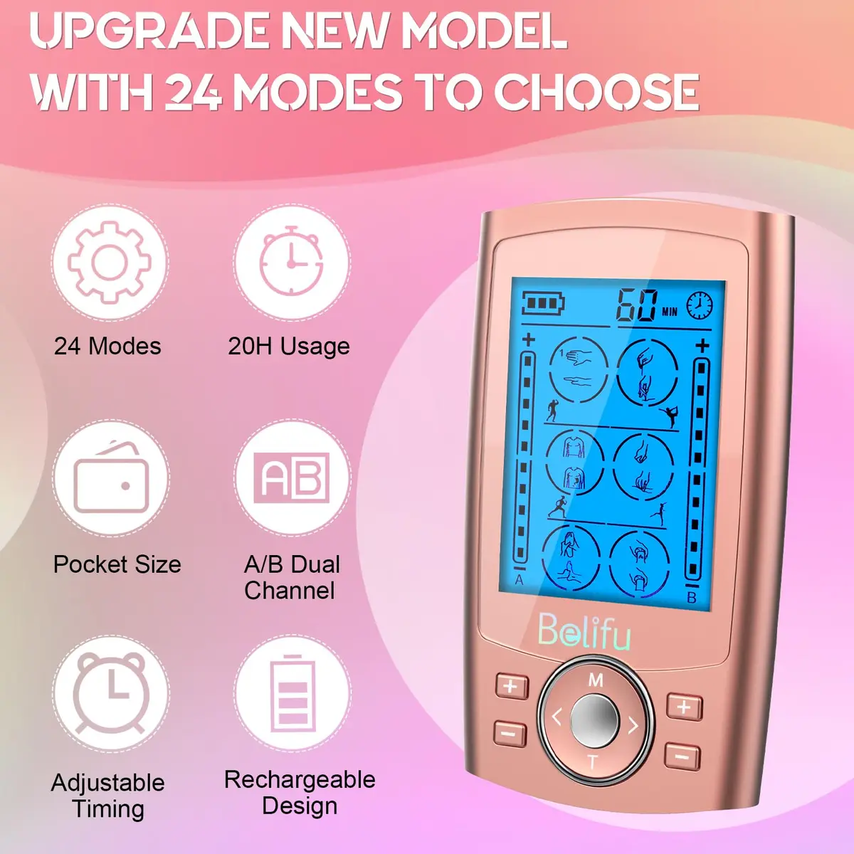 Belifu Dual Channel TENS EMS Unit 24 Modes Muscle Stimulator 0.29kg (10.3oz) | Pain Relief & Muscle Therapy - view 4