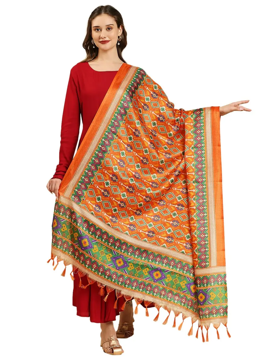 DUPATTA BAZAAR Women's Patola Printed Art Silk Dupatta 225 cm (7.38 ft) | Elegant Orange & Multi - main product image