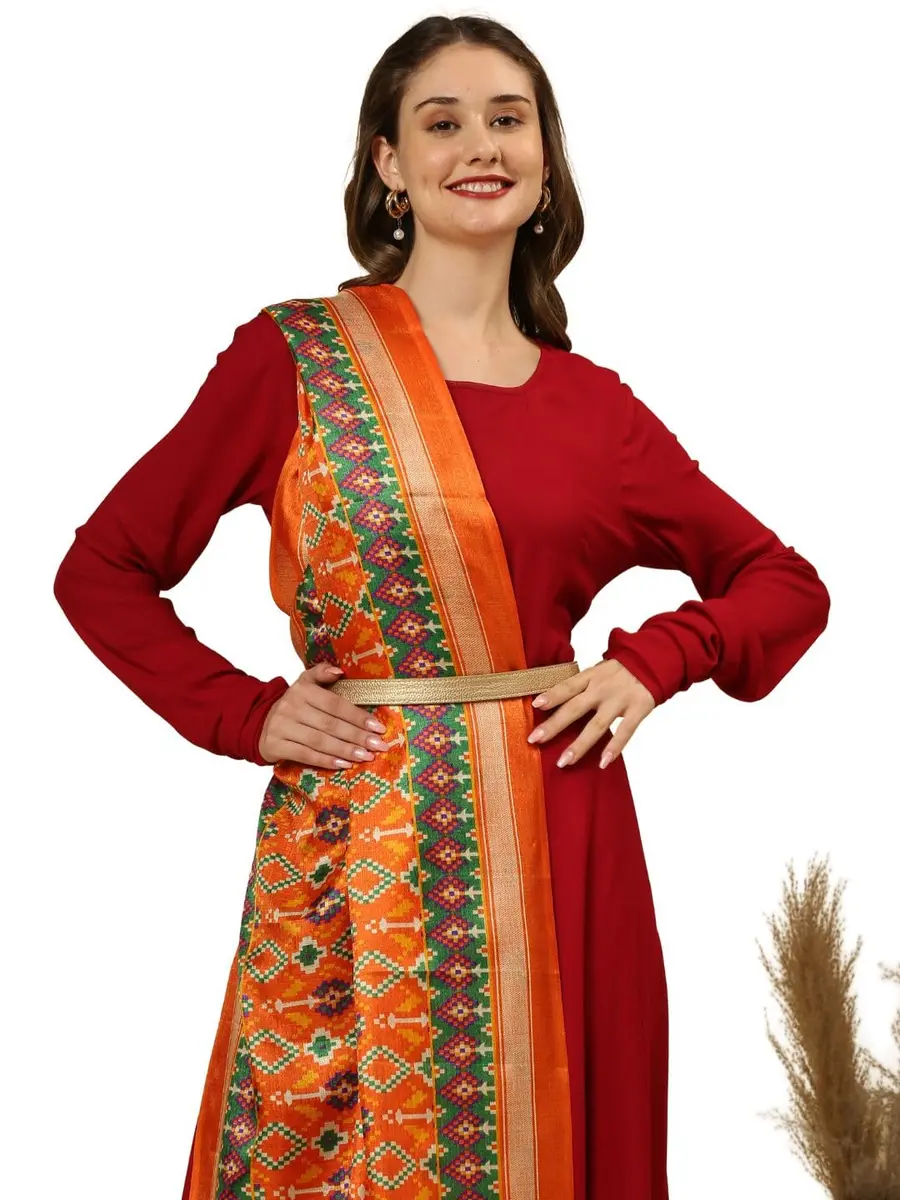 DUPATTA BAZAAR Women's Patola Printed Art Silk Dupatta 225 cm (7.38 ft) | Elegant Orange & Multi - view 7