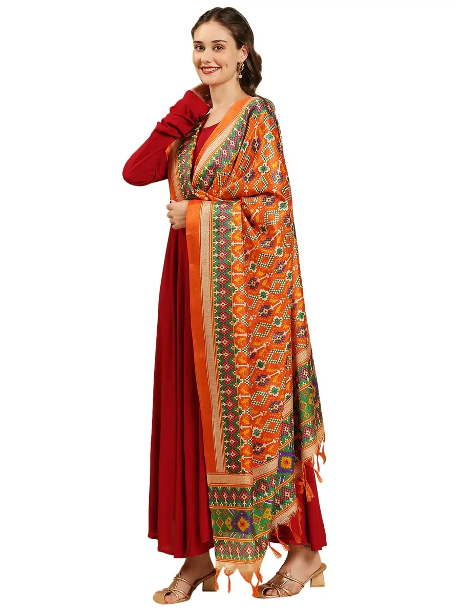DUPATTA BAZAAR Women's Patola Printed Art Silk Dupatta 225 cm (7.38 ft) | Elegant Orange & Multi - view 2