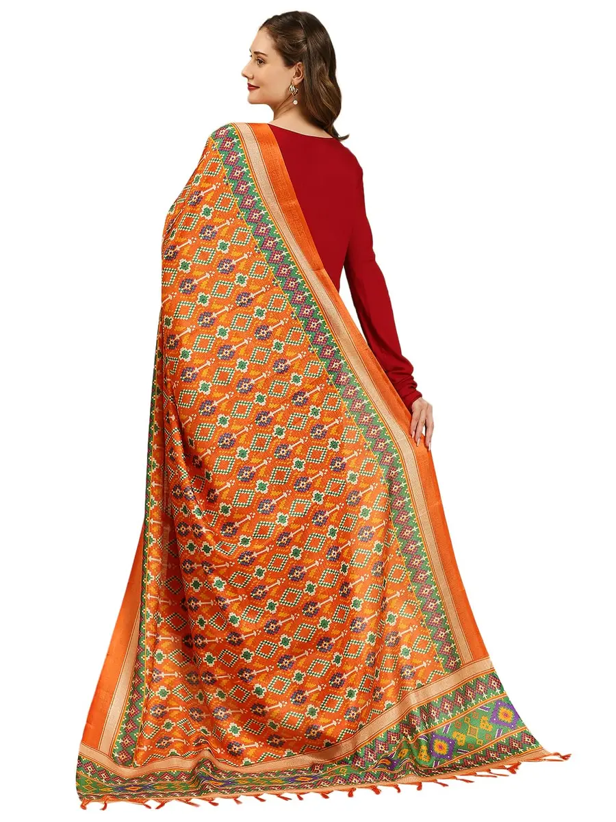 DUPATTA BAZAAR Women's Patola Printed Art Silk Dupatta 225 cm (7.38 ft) | Elegant Orange & Multi - view 3