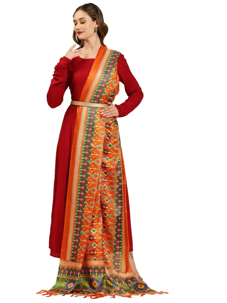 DUPATTA BAZAAR Women's Patola Printed Art Silk Dupatta 225 cm (7.38 ft) | Elegant Orange & Multi - view 4