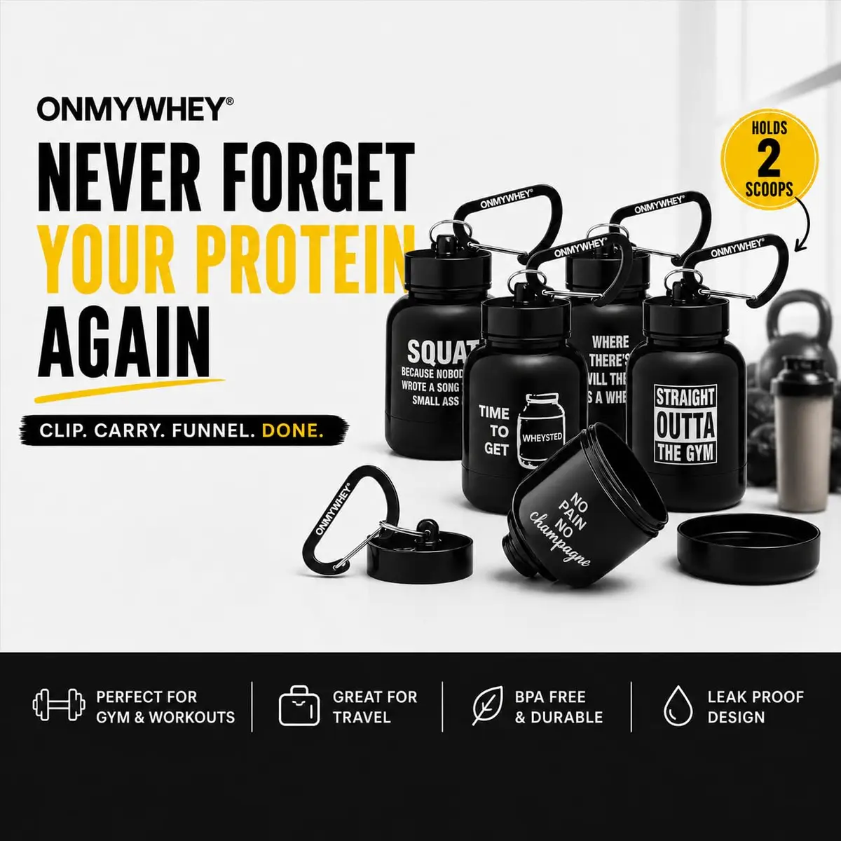 ONMYWHEY Double Scoop Protein and Supplement Keychain Funnel 180ml (6 oz) | BPA-Free, Spill-Proof Design - view 2