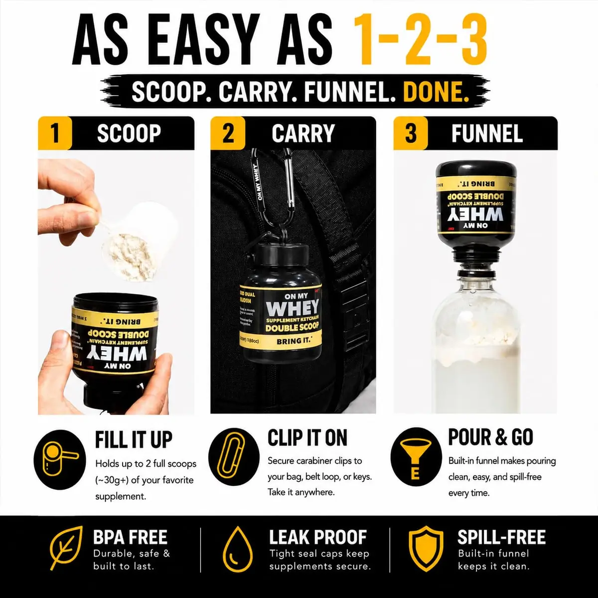 ONMYWHEY Double Scoop Protein and Supplement Keychain Funnel 180ml (6 oz) | BPA-Free, Spill-Proof Design - view 3