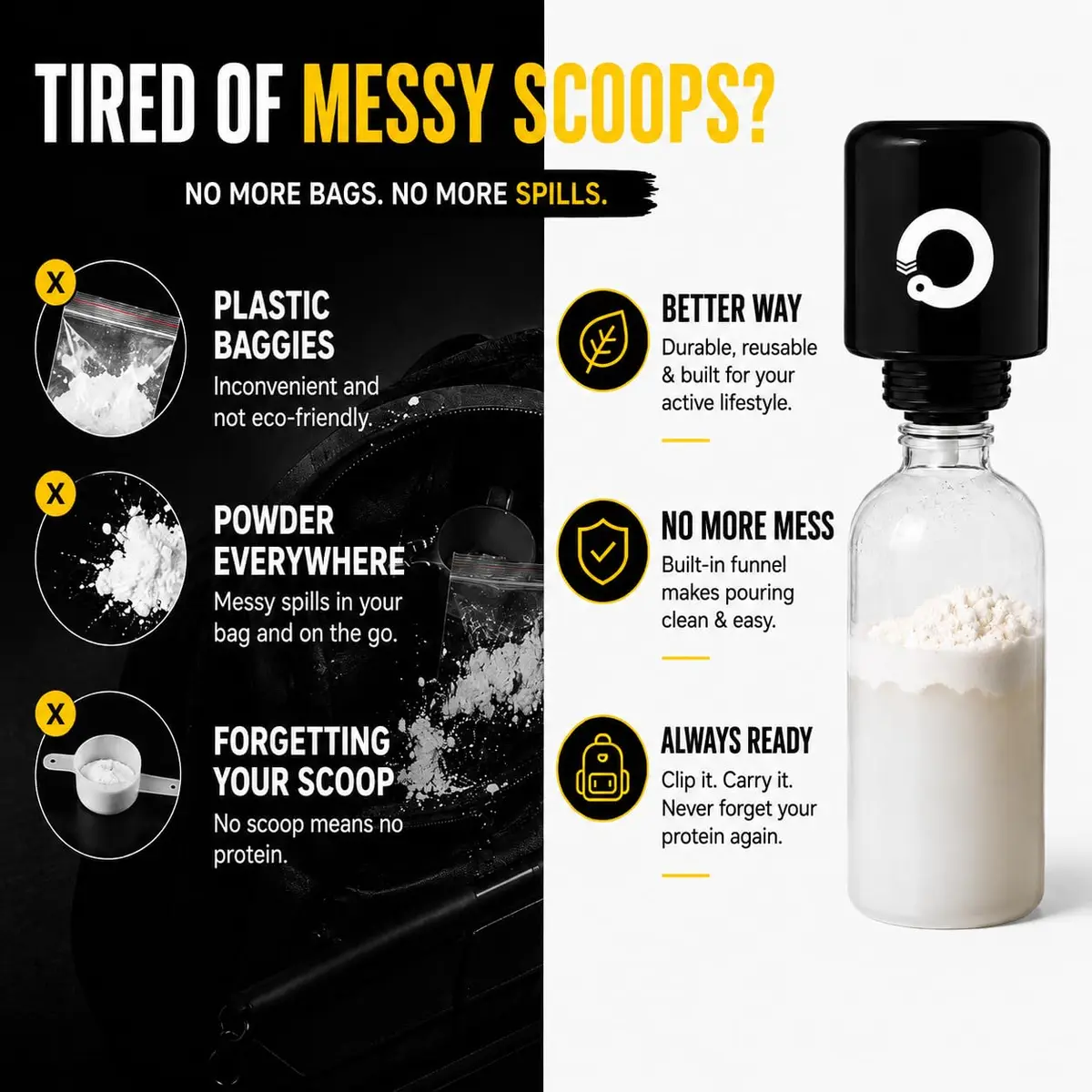 ONMYWHEY Double Scoop Protein and Supplement Keychain Funnel 180ml (6 oz) | BPA-Free Plastic with Carabiner - view 8