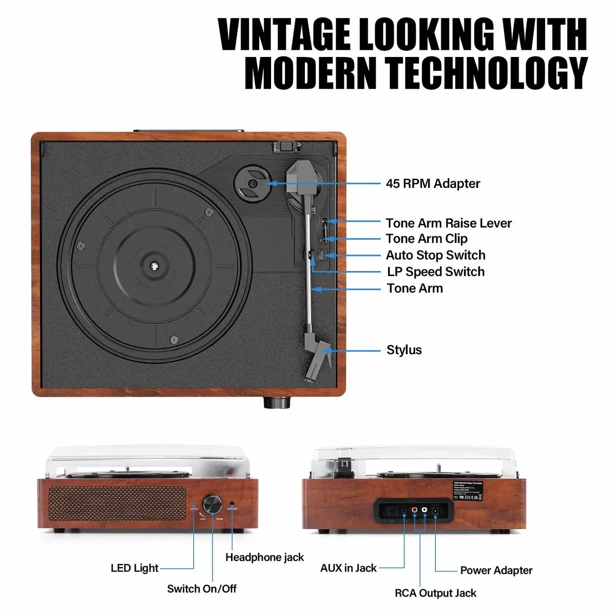 cotsoco Vinyl Record Player Turntable with Bluetooth & 2 Speakers | 3 Speed Portable Retro - view 2