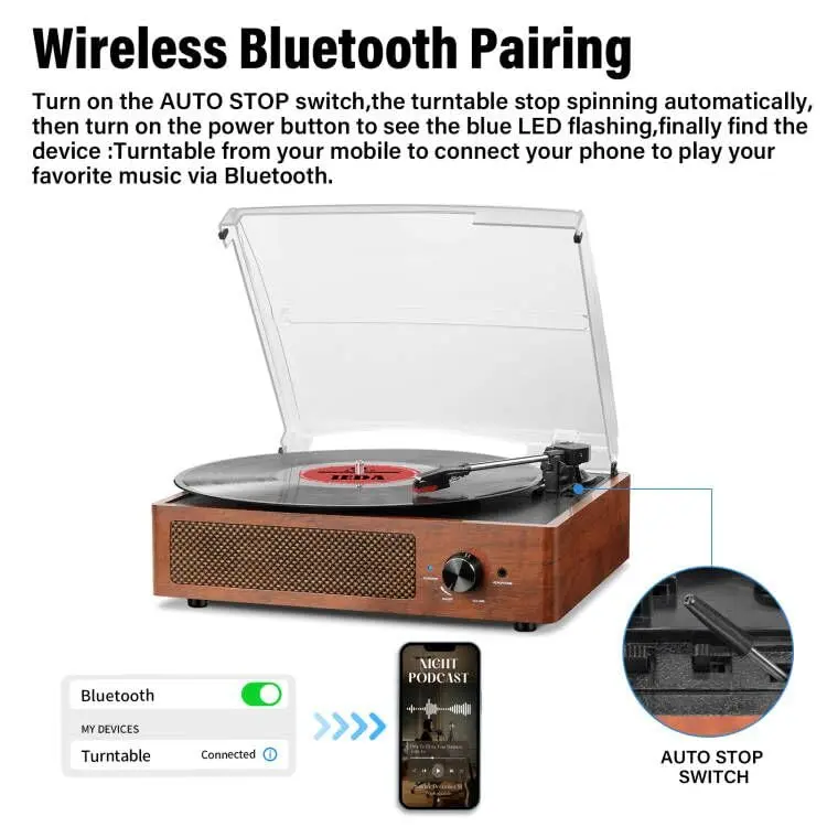 cotsoco Vinyl Record Player Turntable with Bluetooth & 2 Speakers | 3 Speed Portable Retro - view 3