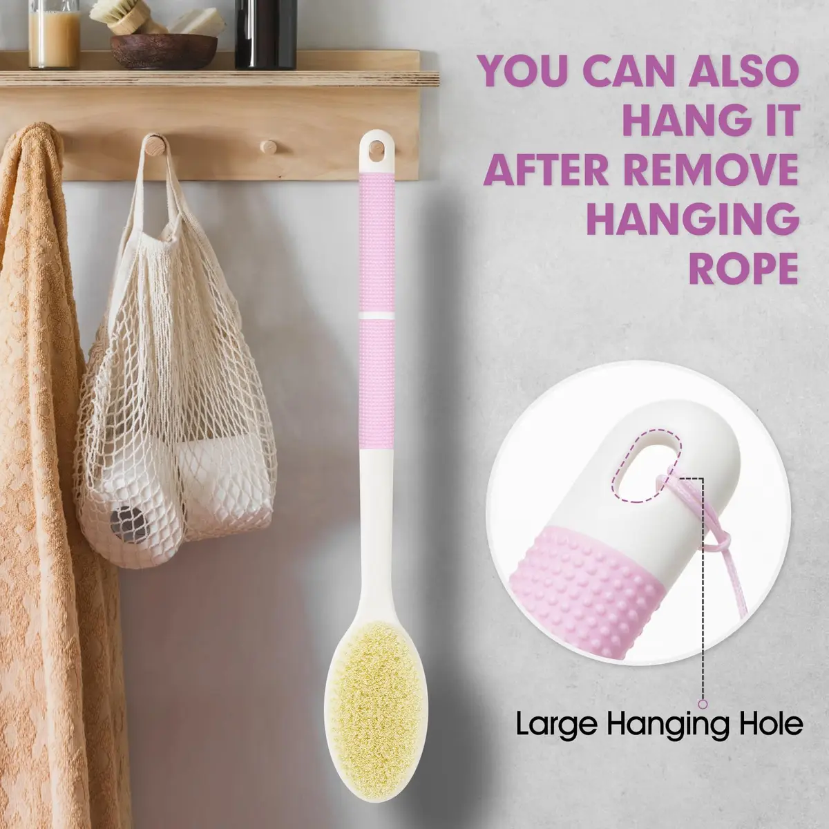 Backski Pink Body Scrubber Long Handle with Stiff & Soft Bristles | 43.5 cm (17.12 Inch) - view 7